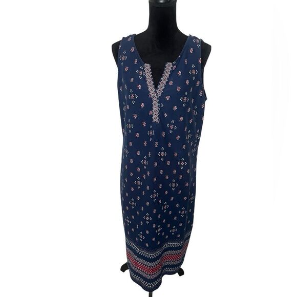 TALBOTS 1X SLEEVELESS V-NECK NAVY BLUE PATTERNED CASUAL DRESS WOMENS - Picture 5 of 9